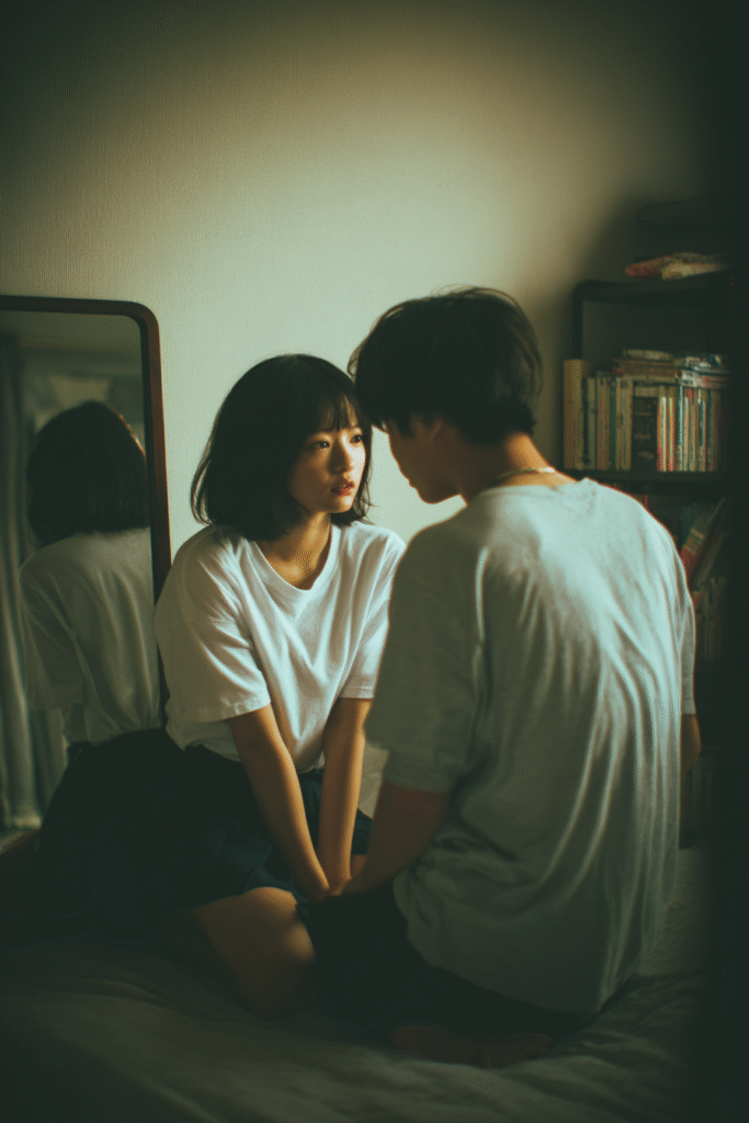 Two people sitting close in a small room — love communicated through silence and gaze.