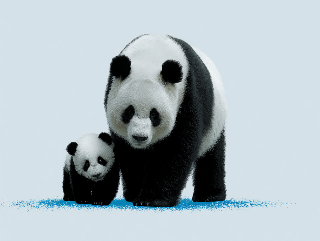 A mother panda walking beside her cub, representing maternal love, guidance, and the enduring connection between generations.