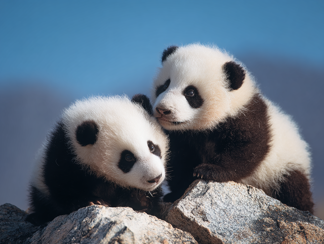 Two baby pandas leaning against each other on a rock