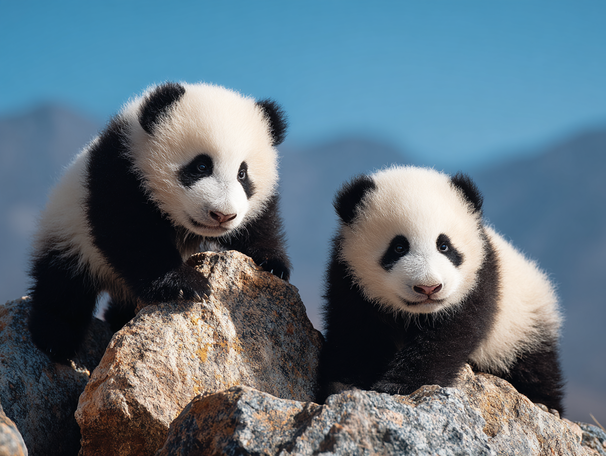 Two baby pandas sitting on rocks under a clear blue sky