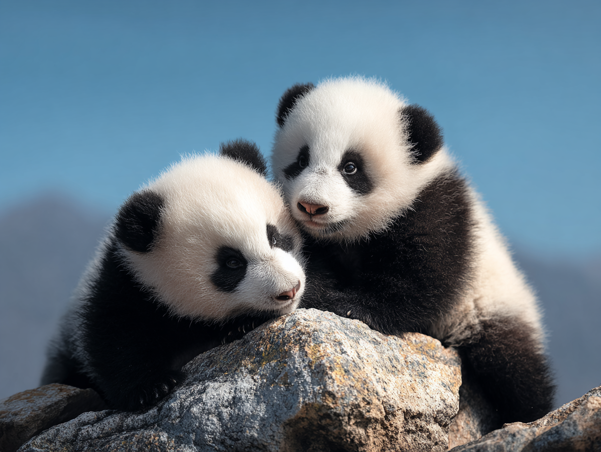Two baby pandas gazing at each other warmly on a rock