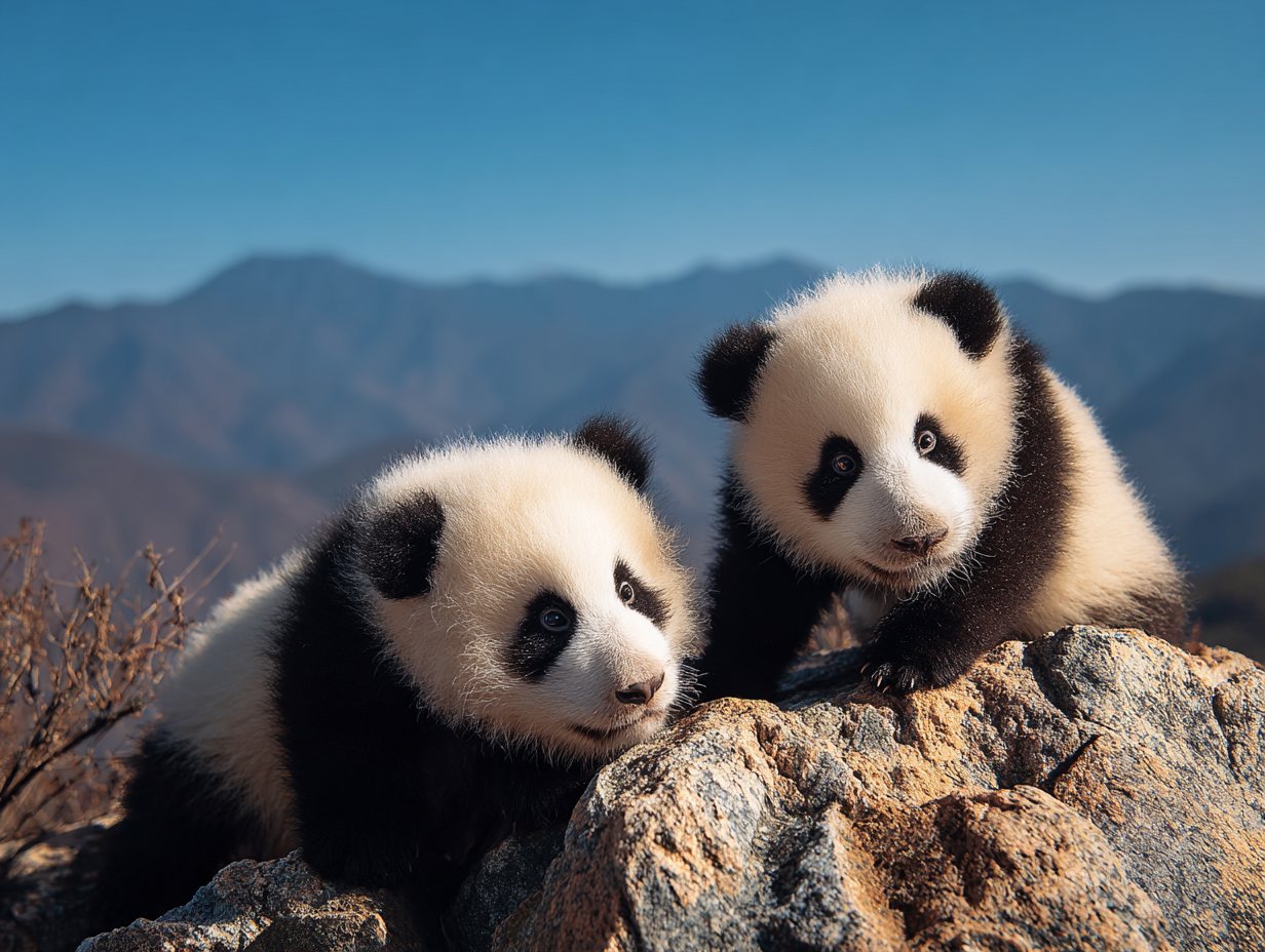 Two baby pandas standing on rocks with mountain scenery behind them
