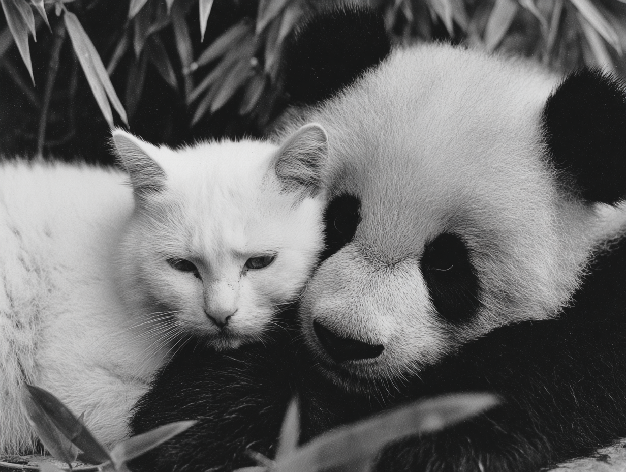 Black-and-white photo of a cat and a panda leaning on each other