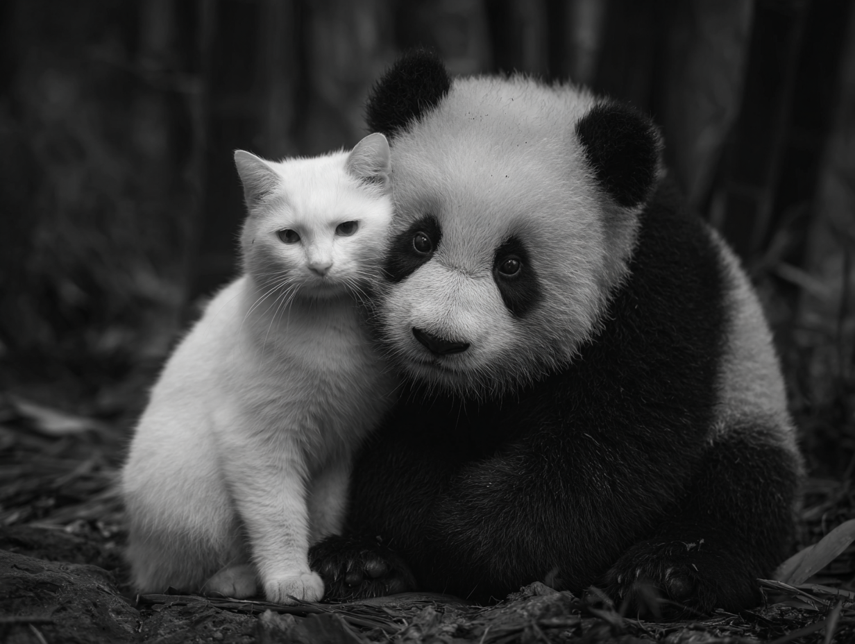 Black-and-white scene of a cat and a panda sitting affectionately together