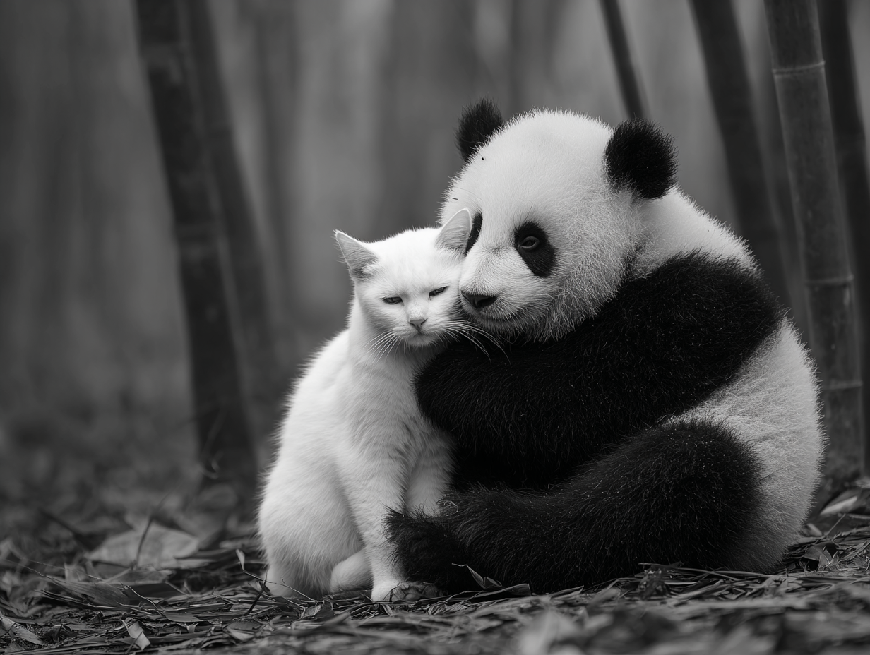 Black-and-white image of a panda warmly embracing a cat