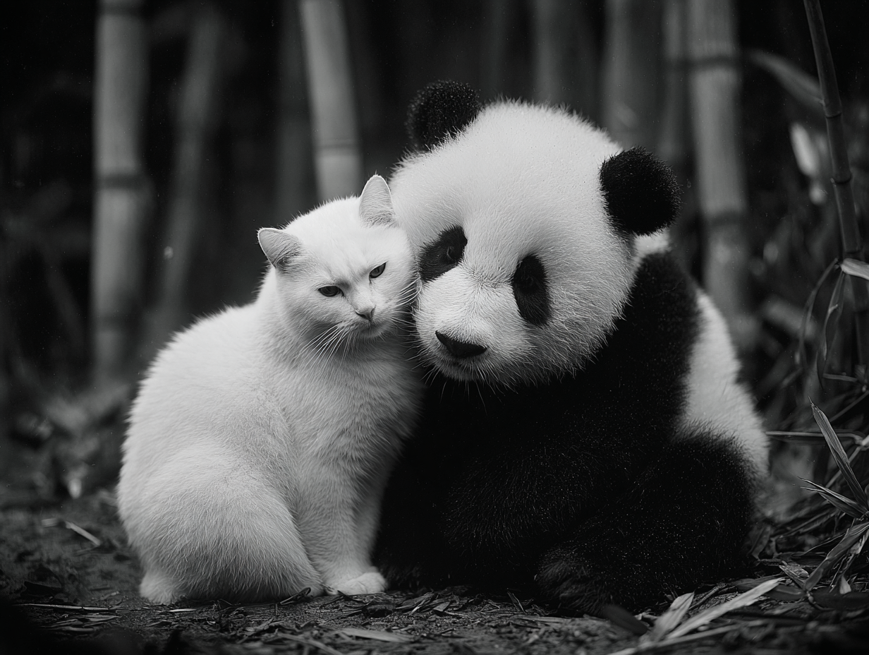 A cat and a panda leaning gently against each other in a bamboo forest