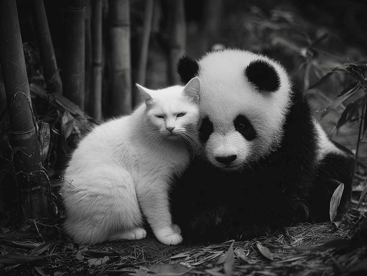 A cat and a panda leaning close, looking at each other softly