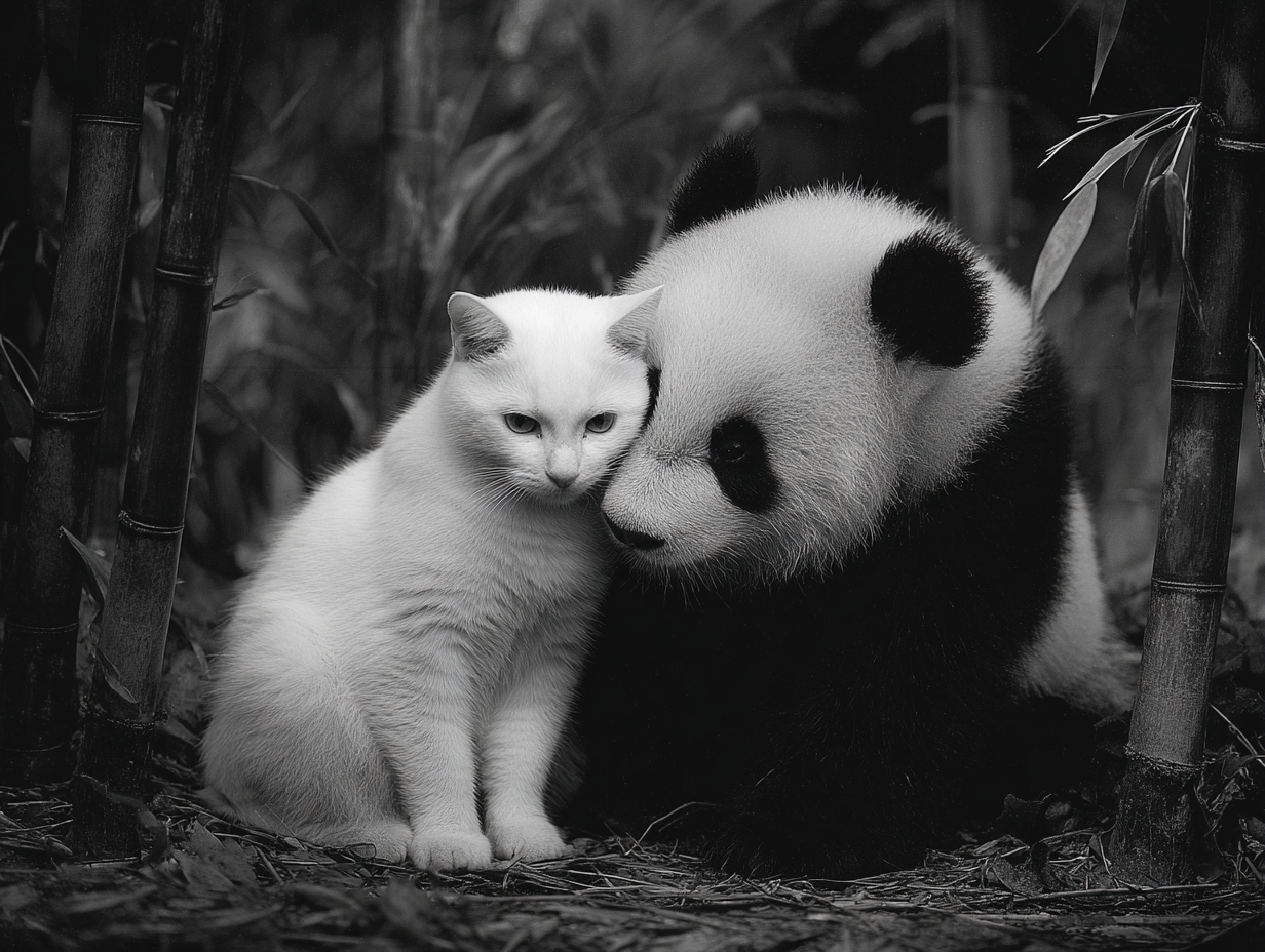 A cat and a panda touching heads gently in a bamboo forest