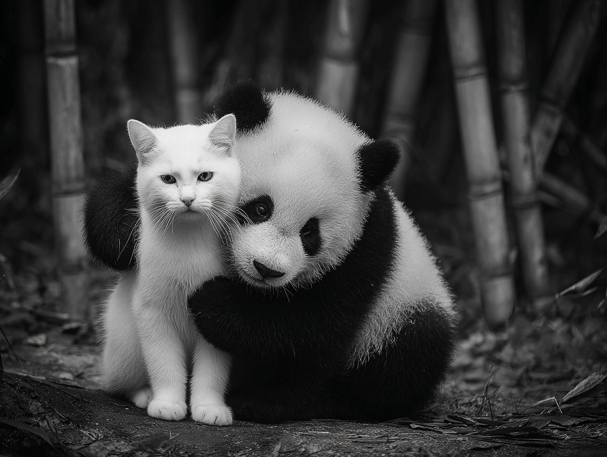 Black-and-white photo of a panda gently hugging a cat