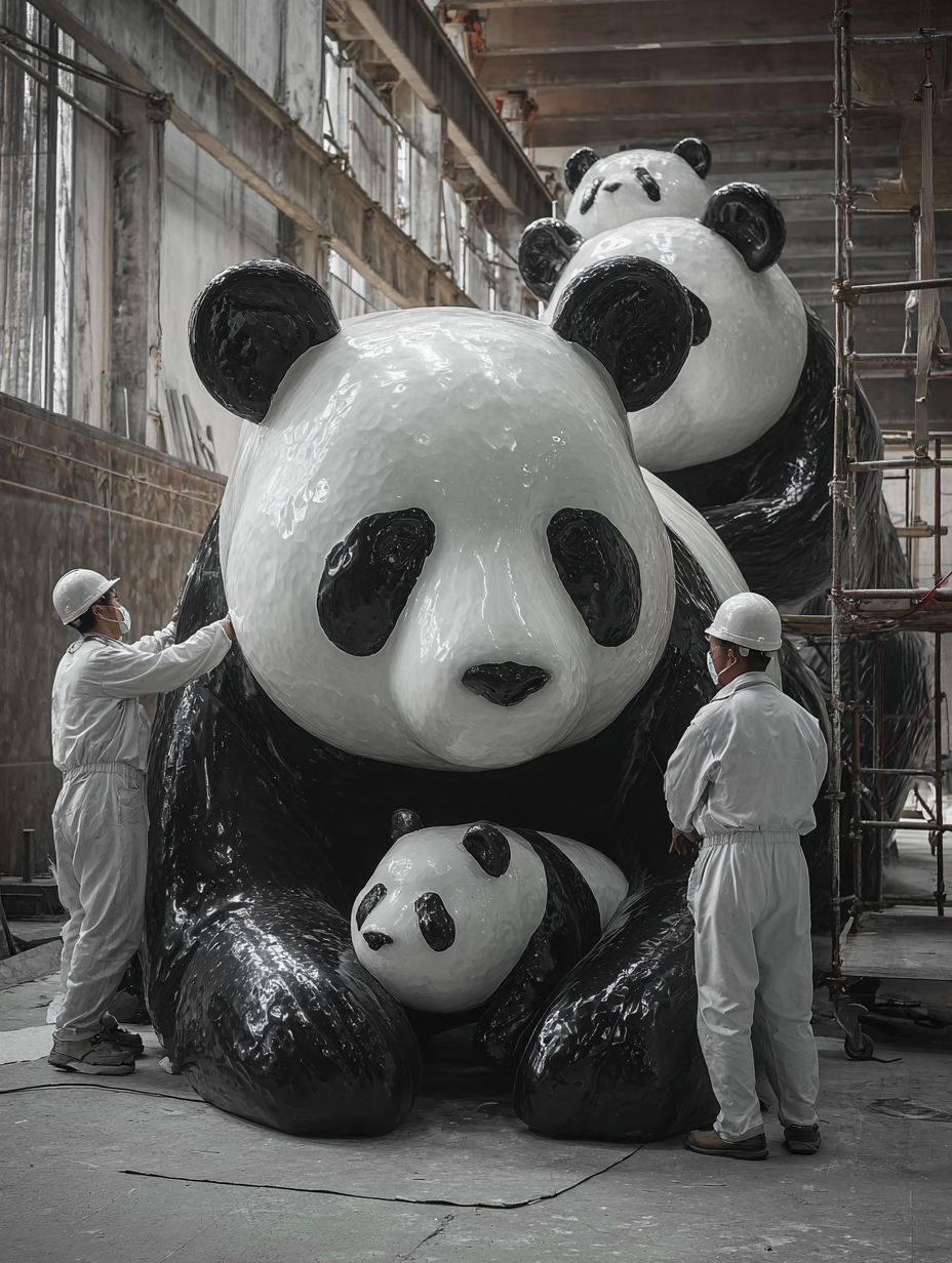 A workshop scene showing artisans creating giant panda sculptures. Two workers in white suits carefully polish the glossy surface of three panda figures. An image symbolizing the connection between humans and pandas — between creation and empathy.