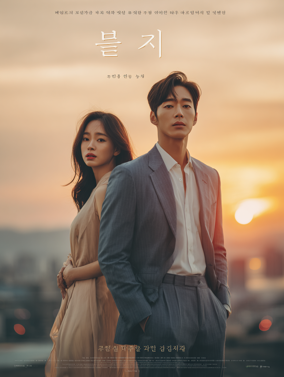 Romantic movie poster scene with a sunset background