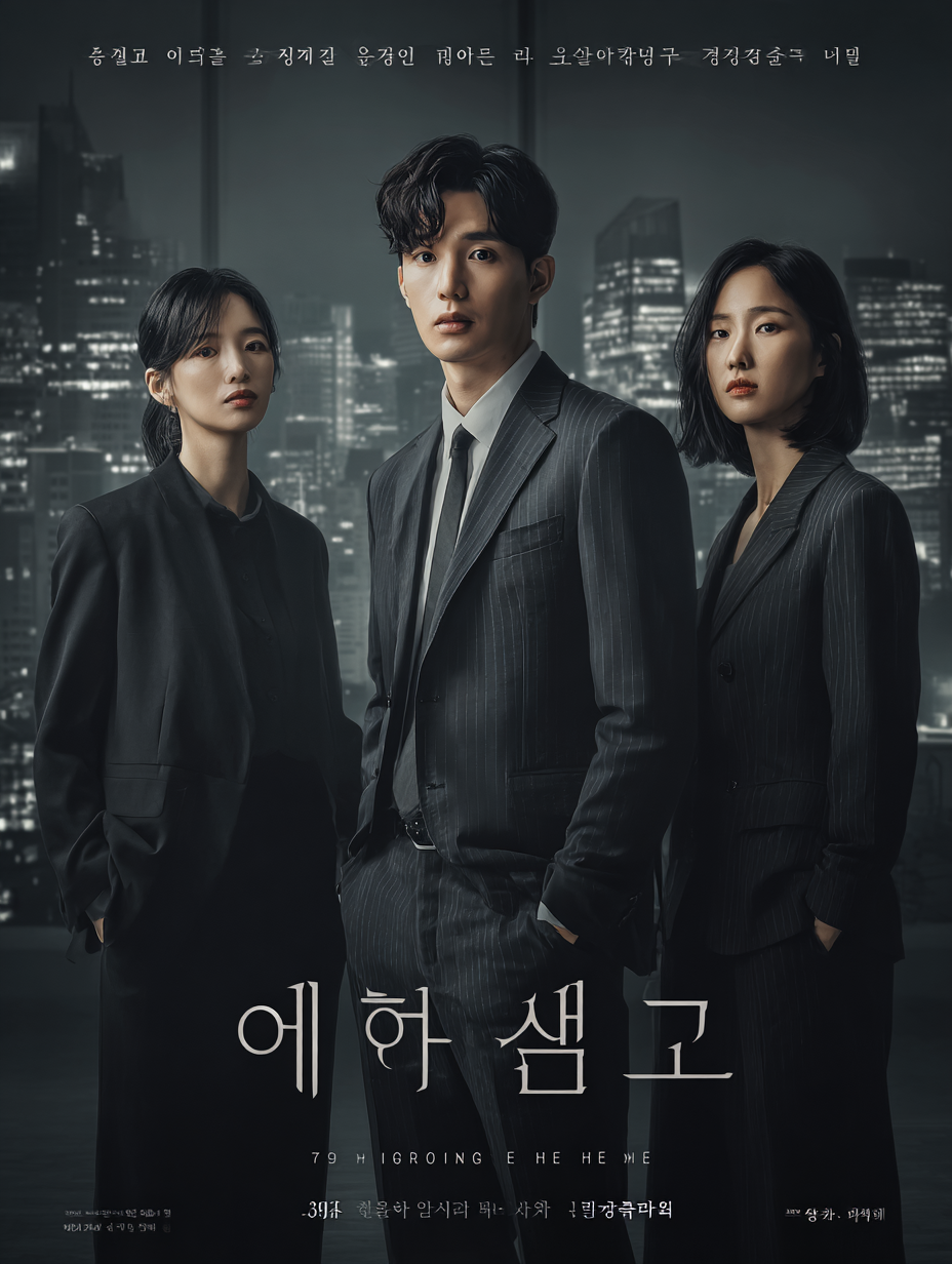Noir-style drama poster with three characters in suits