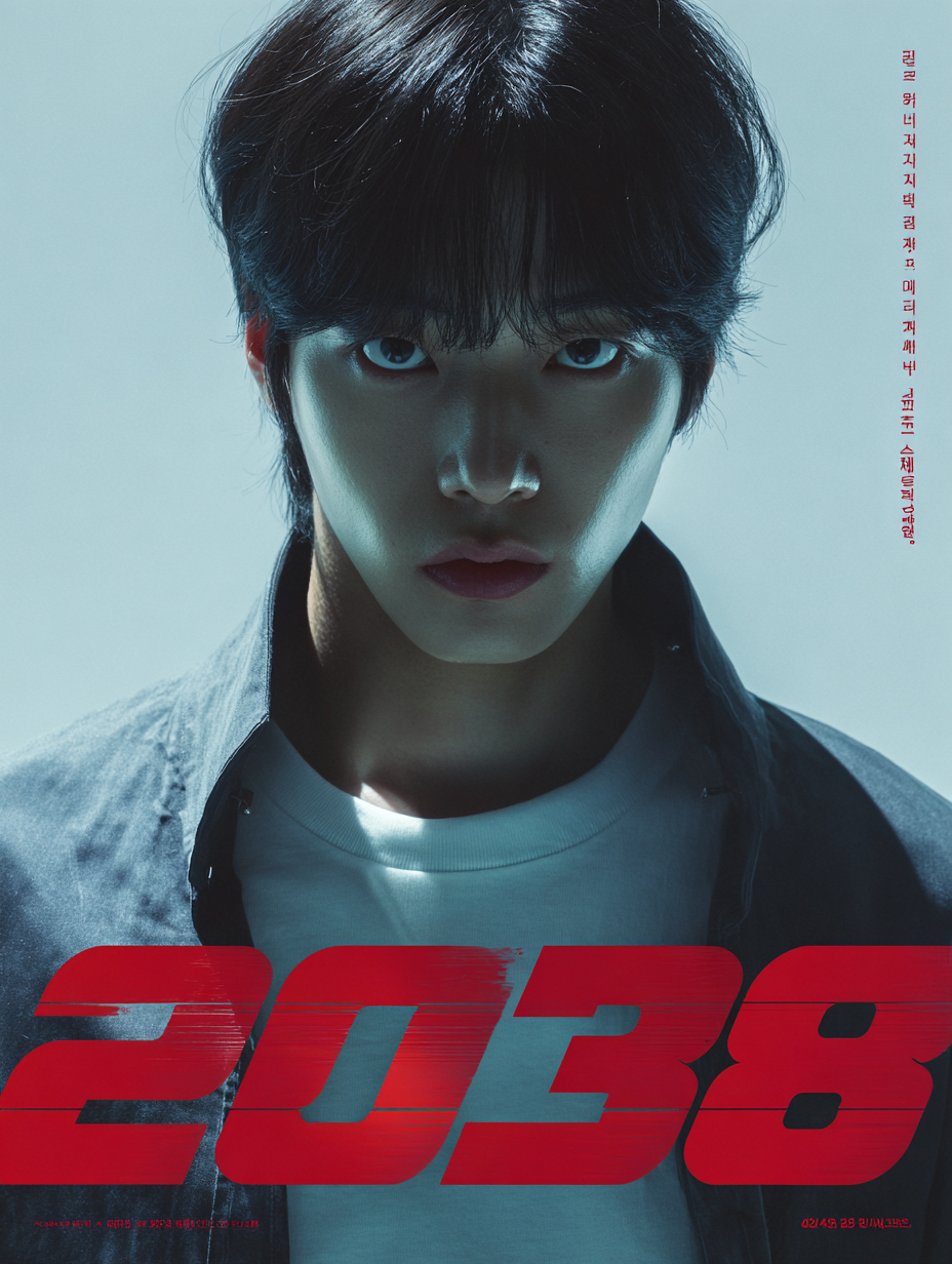Movie poster featuring a character’s intense gaze under blue lighting
