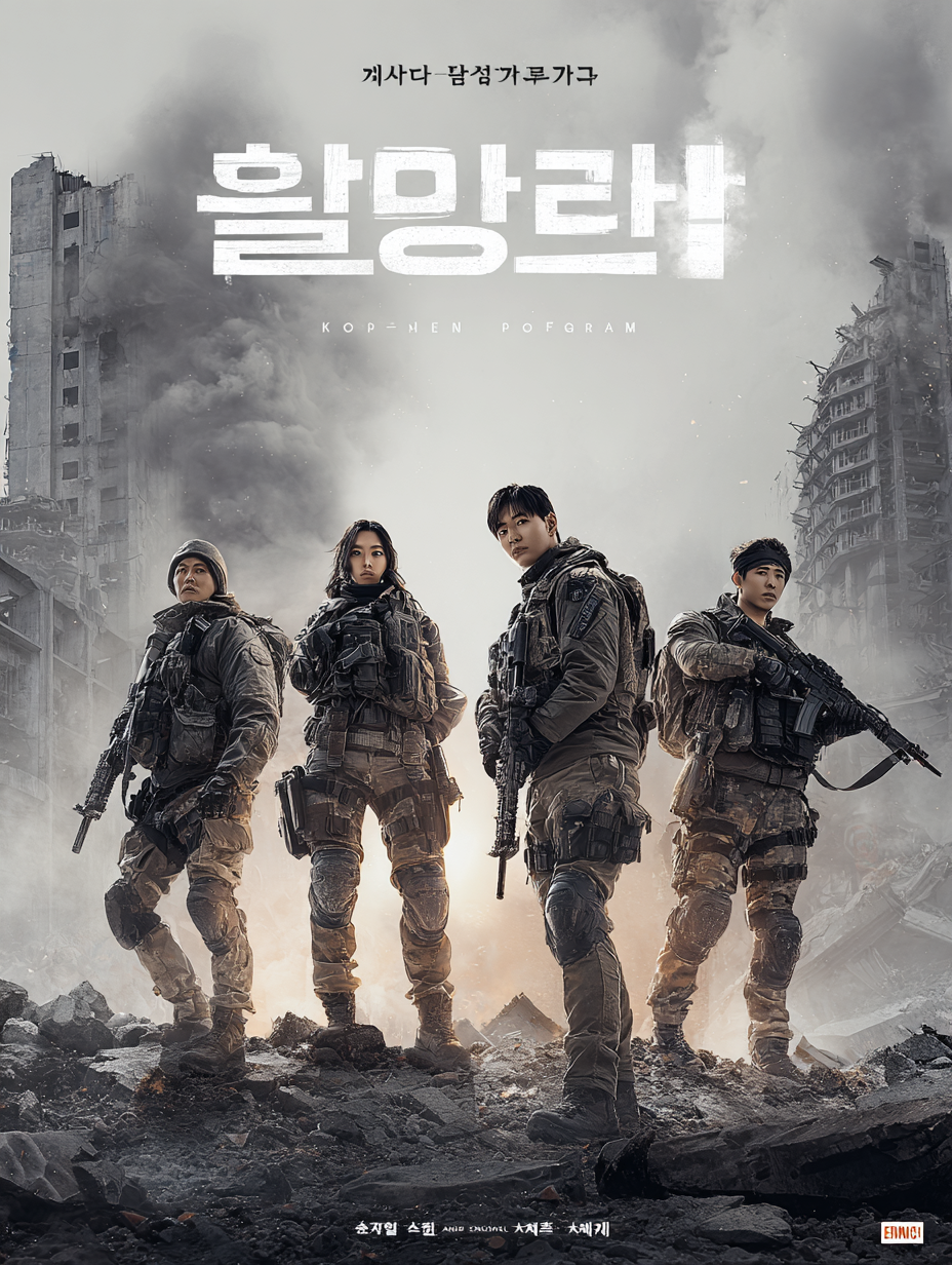 Action movie poster with soldiers standing amidst ruins