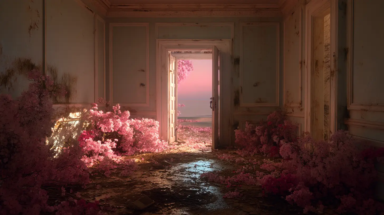 A room overgrown with pink blossoms, sunlight streaming through an open door leading to the sea