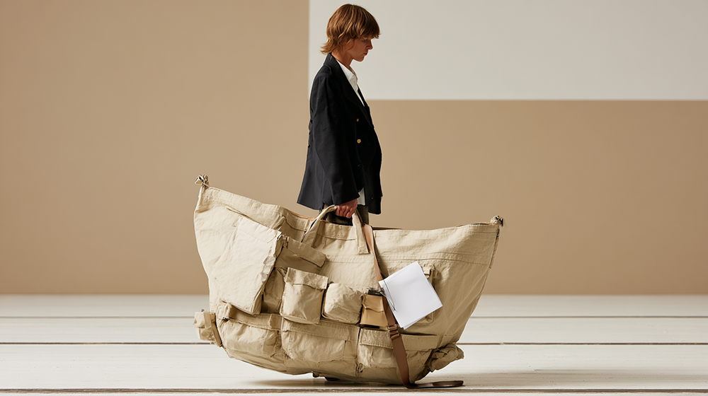 A person walking with an oversized beige bag — a metaphor for emotional and existential burdens.