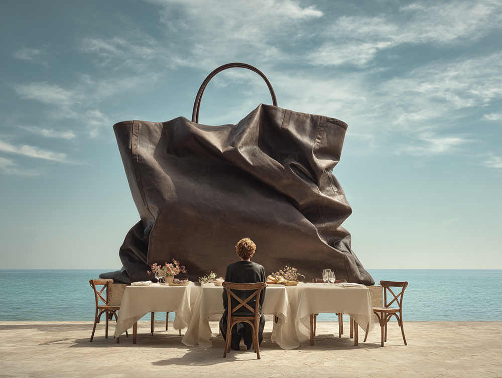 A person sitting before a monumental leather bag — no longer a burden, but a reflection of the self.
