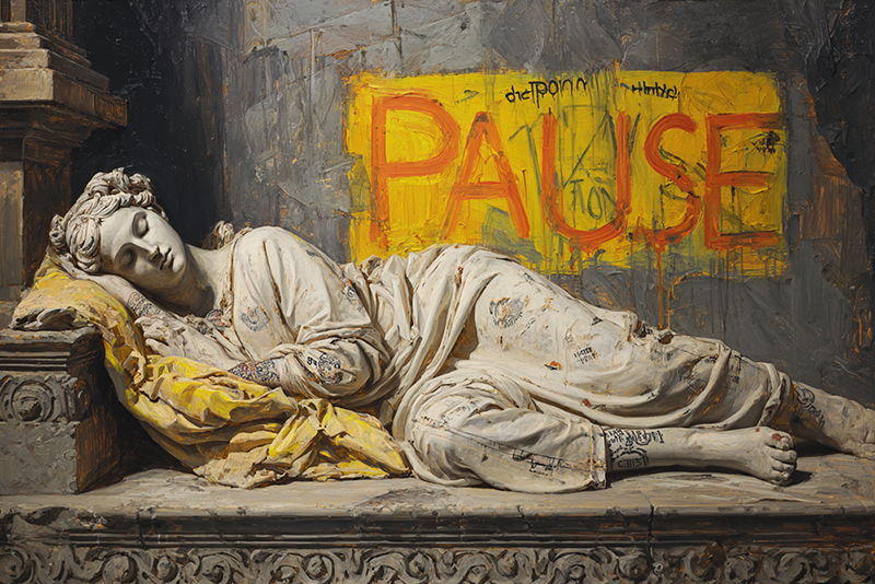 A sleeping statue before the word “PAUSE”