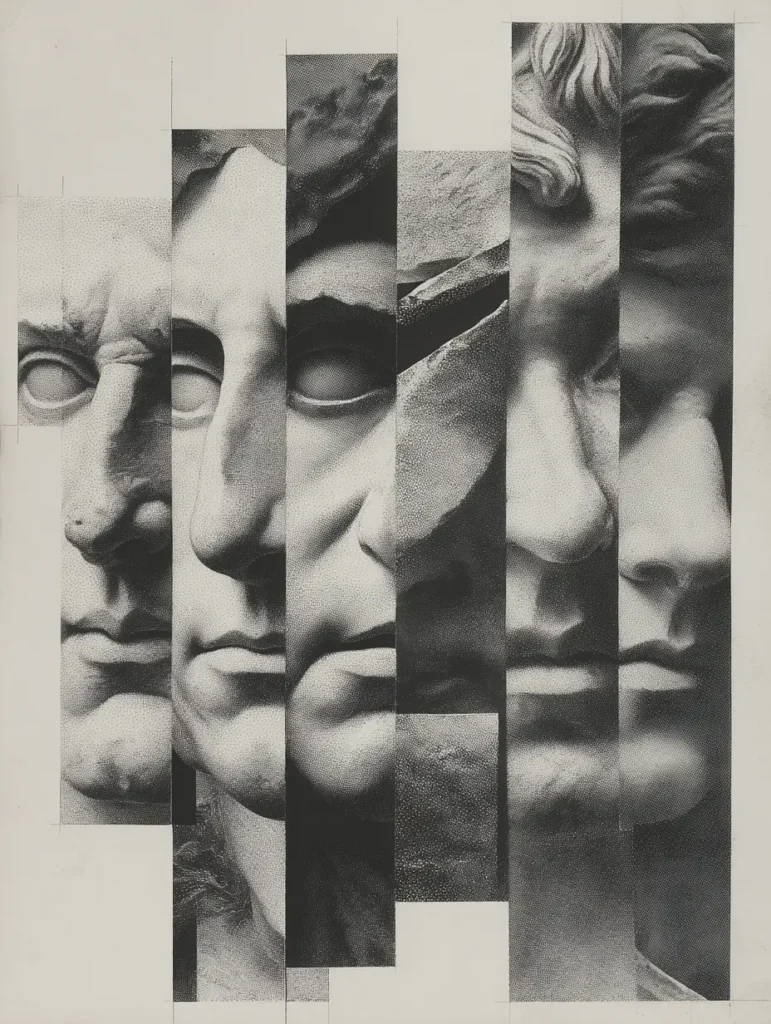 Fragmented classical faces symbolizing recurring emotional patterns and karmic relationships between people.