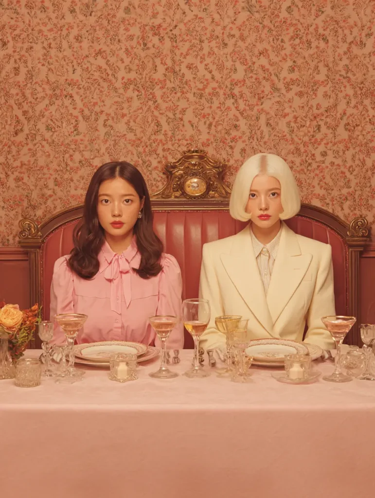 The two main characters, Eun-su and Hee-su, sit side by side at a dinner table after their release, beginning a new life in Vietnam. With Eun-su’s blonde hair and Hee-su’s short cut, the quiet scene symbolizes rebirth and fragile peace.