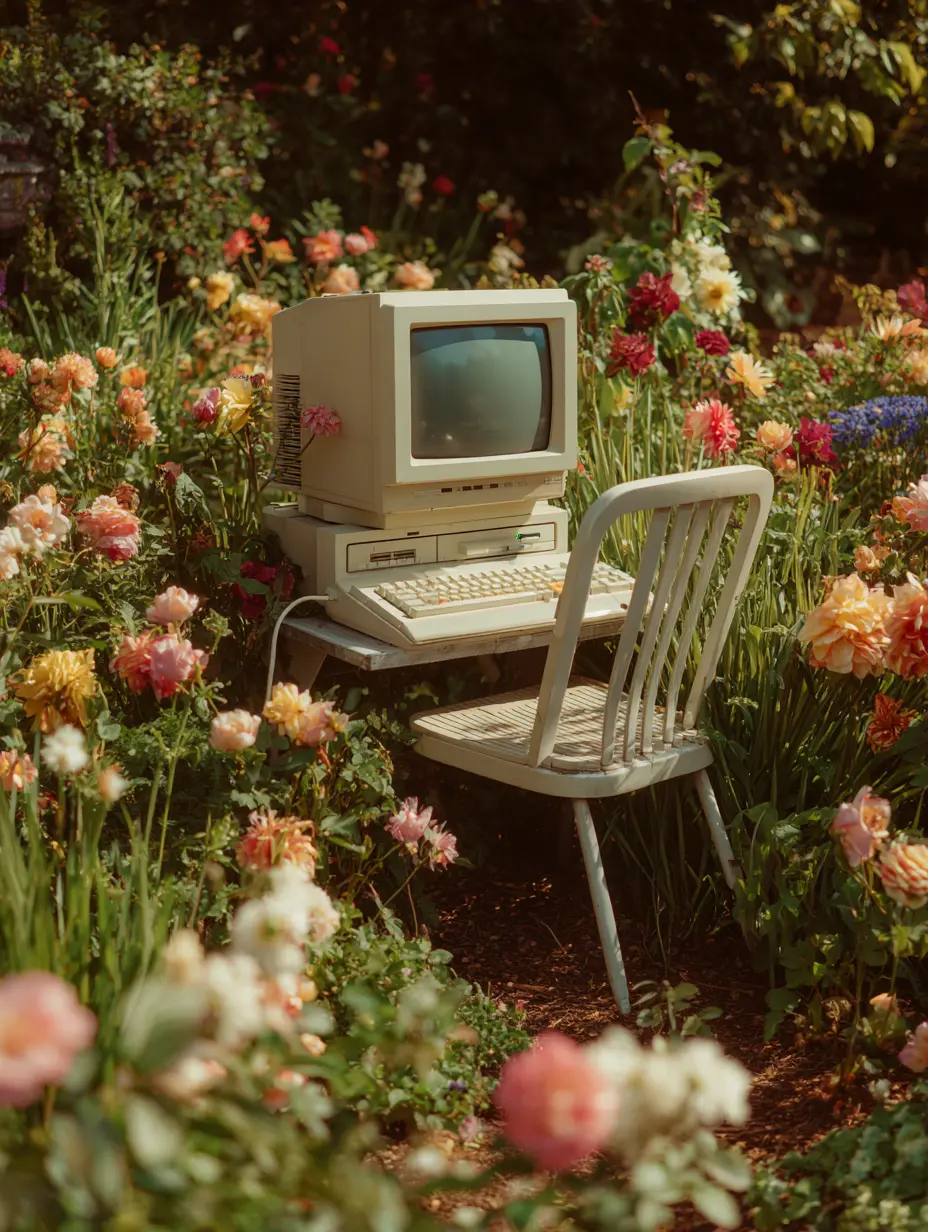 A vintage computer and chair placed in the middle of a blooming garden
