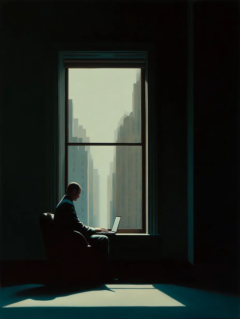 Silhouette of a person working on a laptop by the window at dawn