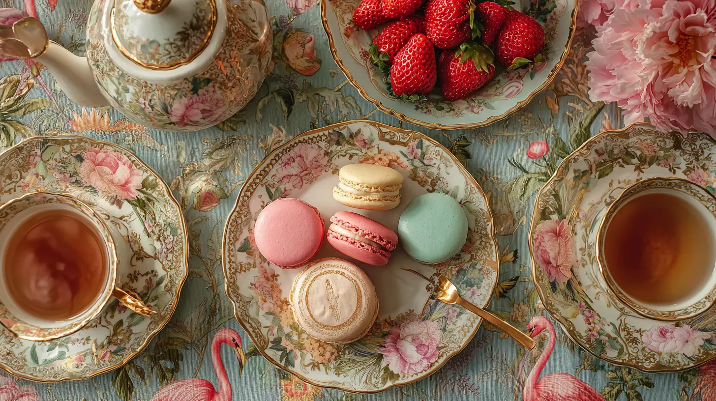 An elegant Rococo-style tea setting with macarons, strawberries, and floral porcelain — evoking the lush aesthetics of Sofia Coppola’s Marie Antoinette.