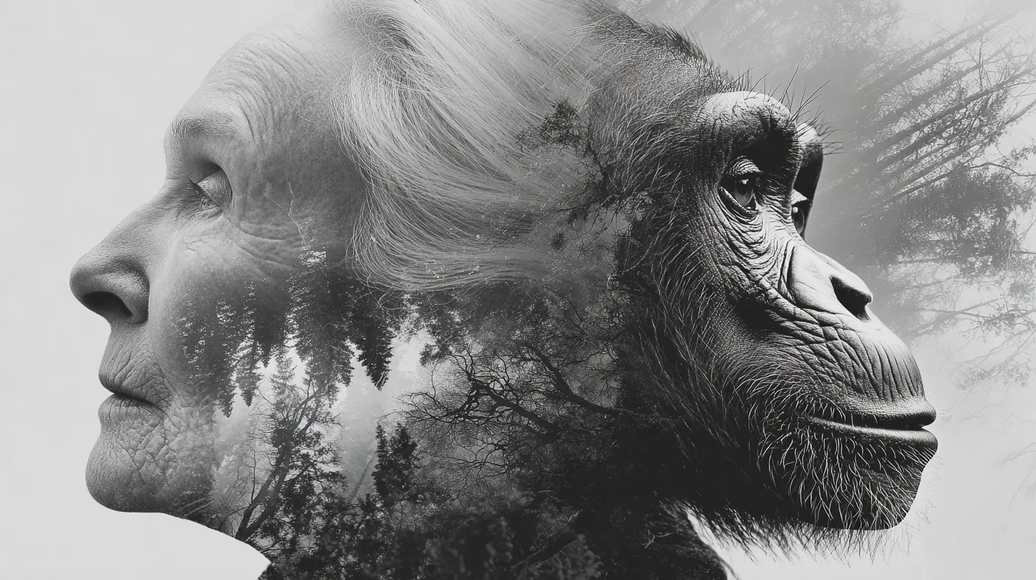 제인 구달과 침팬지가 서로 반대 방향을 바라보는 흑백 더블 노출 이미지로, 숲의 질감이 두 얼굴 사이를 흐르며 인간과 자연의 얽힌 운명을 상징합니다.