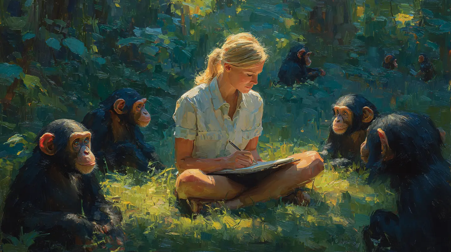 Young Jane Goodall taking notes in dappled sunlight as juvenile chimpanzees sit around her