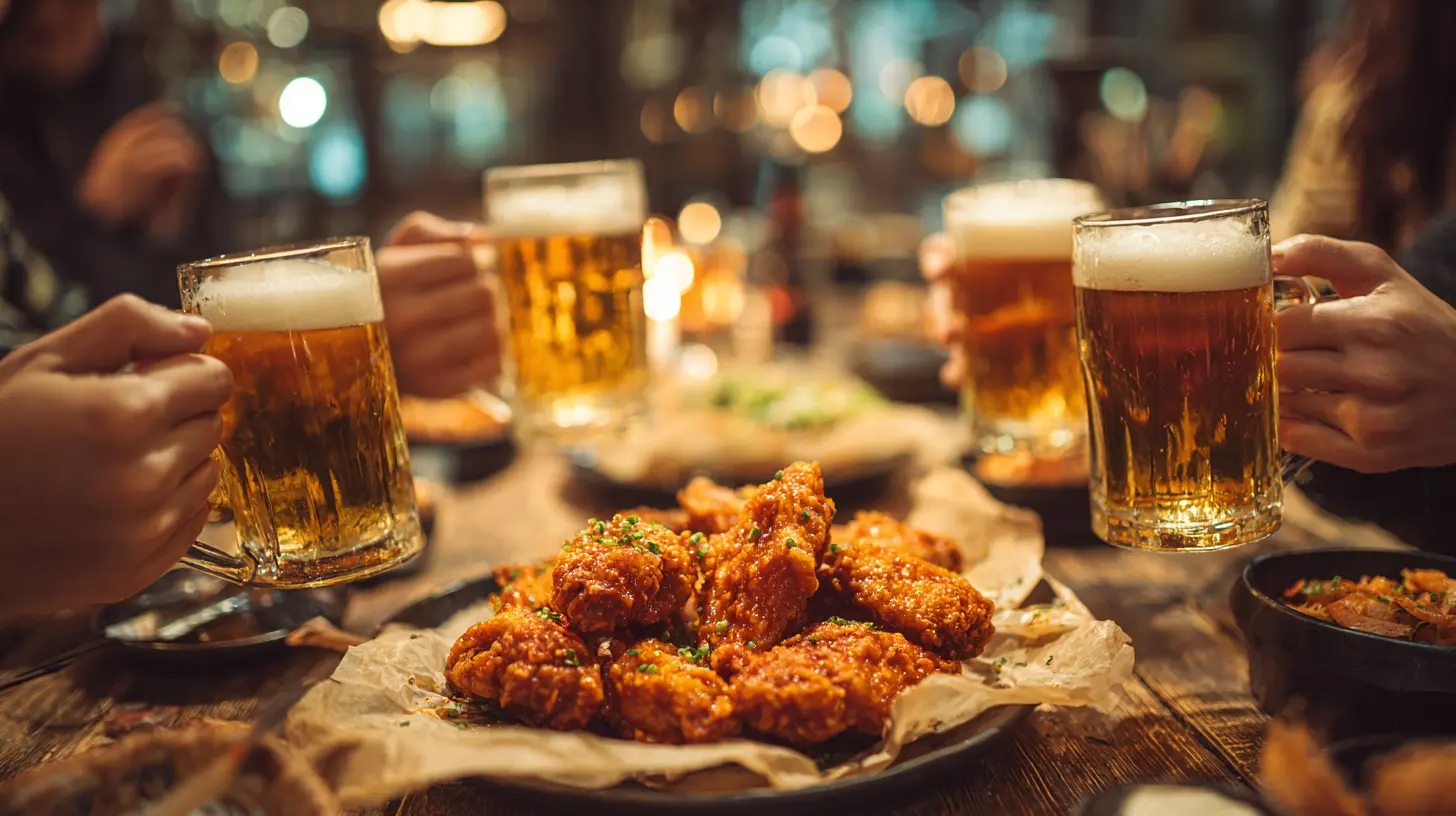 A close-up of four people clinking glasses of beer over a table filled with crispy fried chicken. The warm lighting and relaxed atmosphere capture the essence of Korea’s beloved “chimaek” culture — chicken and beer shared in good company.