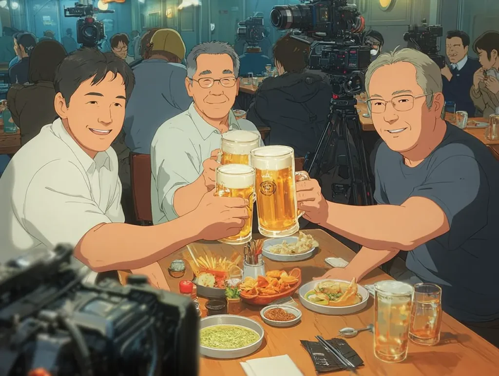 Three middle-aged men raising beer glasses and smiling at a Korean fried-chicken restaurant. A warm, cinematic Ghibli-style illustration capturing the spirit of human connection and a new kind of leadership.