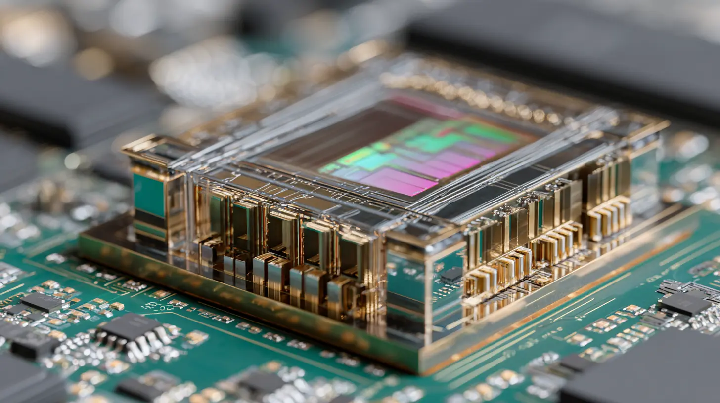 A close-up image of an HBM (High Bandwidth Memory) module stacked on a semiconductor substrate. Ultra-thin DRAM dies are layered vertically, connected to a GPU through fine metal interconnects. The image realistically depicts the architecture of a modern HBM3 package.