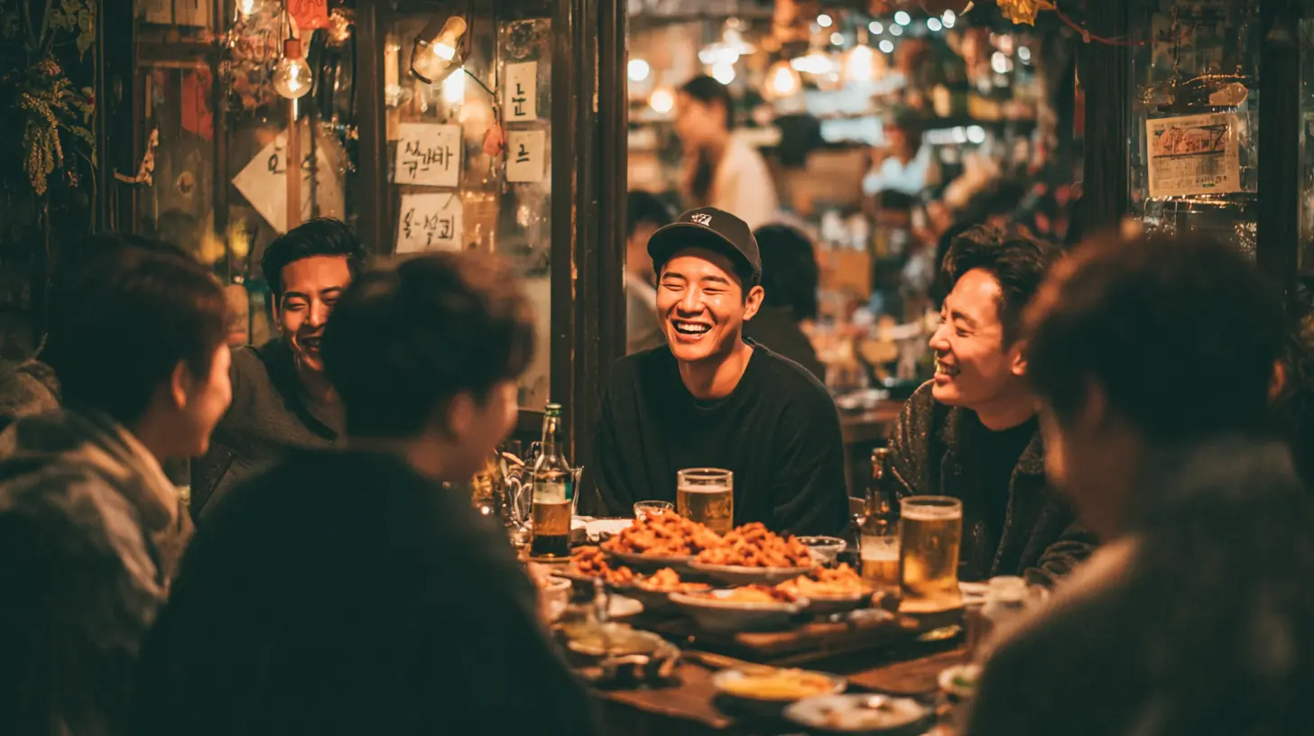 A group of friends sharing laughter over fried chicken and beer in a cozy, warmly lit Korean bar. The image captures the essence of Korean social culture — connection, comfort, and the joy of being together.