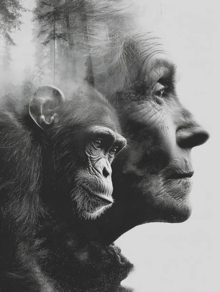 A double exposure portrait of Jane Goodall blended with the face of a chimpanzee, symbolizing the deep and fragile connection between human consciousness and nature.