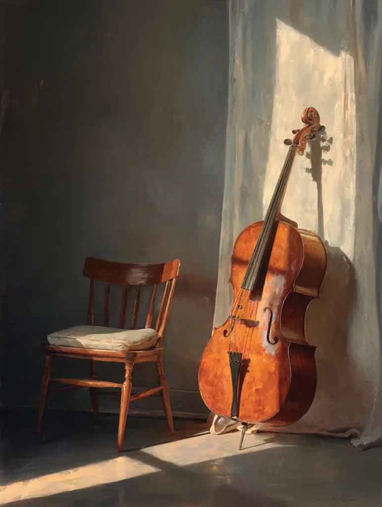 햇살이 비치는 조용한 방 안, 나무 의자 옆에 기댄 첼로가 고요히 놓여 있다. 연주가 끝난 자리의 여운처럼, 음악과 삶의 쉼표를 상징한다.