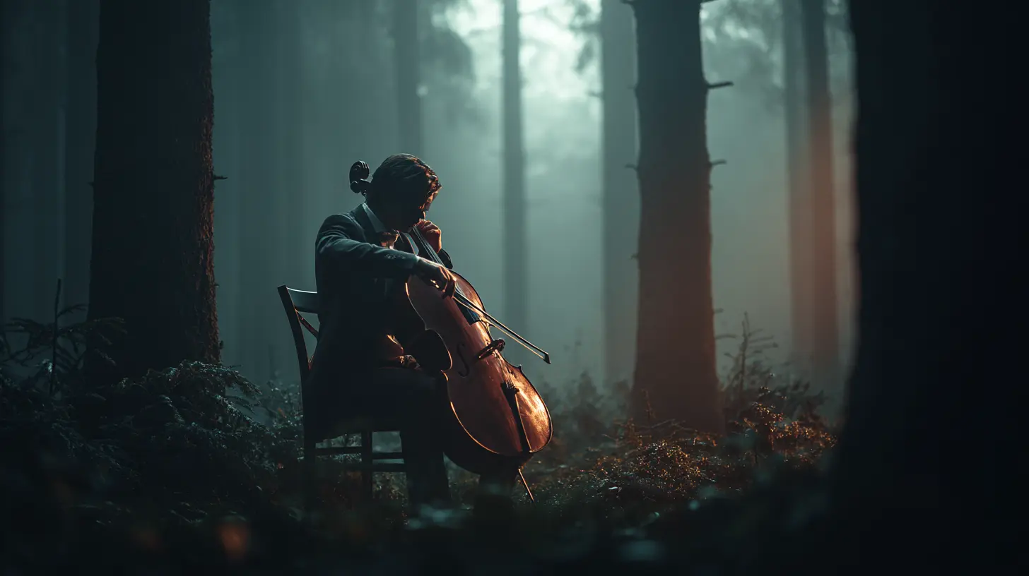A cellist playing alone in a misty forest, surrounded by silence and light — symbolizing harmony between nature and human spirit.