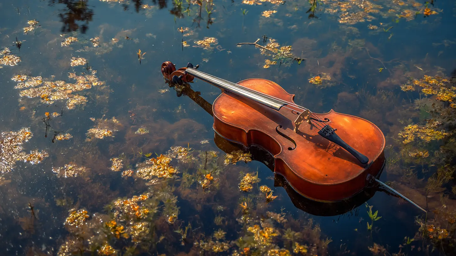 A cello floating on still water, symbolizing the fragility and continuity of art beyond performance.