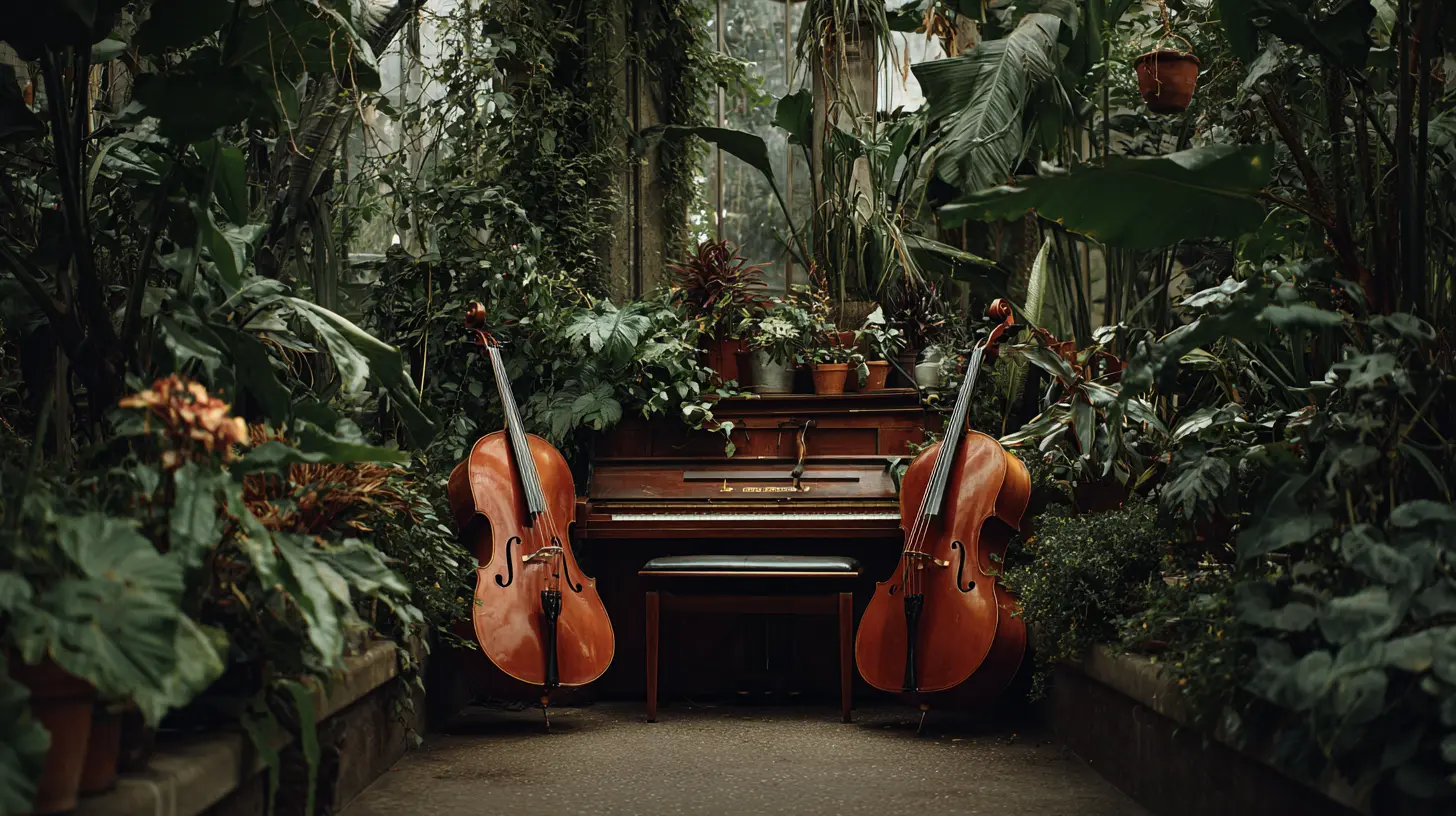 Two cellos and a piano surrounded by lush plants, symbolizing harmony between art and life.