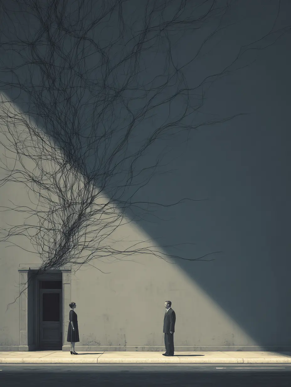 A surreal scene where black root-like lines spread upward from a doorway as a man and a woman face each other — symbolizing emotional entanglement and unspoken tension in relationships.