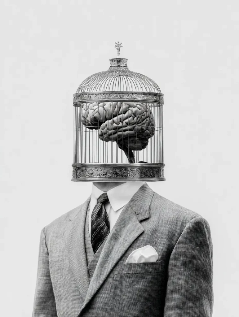 A surreal portrait of a man with a caged brain as his head, symbolizing the loss of balance between empathy and reason — the psychological confinement created by emotional excess.