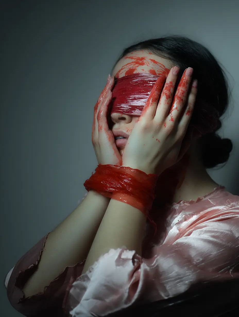 A woman with her eyes blindfolded in red holds her face in anguish, symbolizing the silent captivity of trauma and survival.