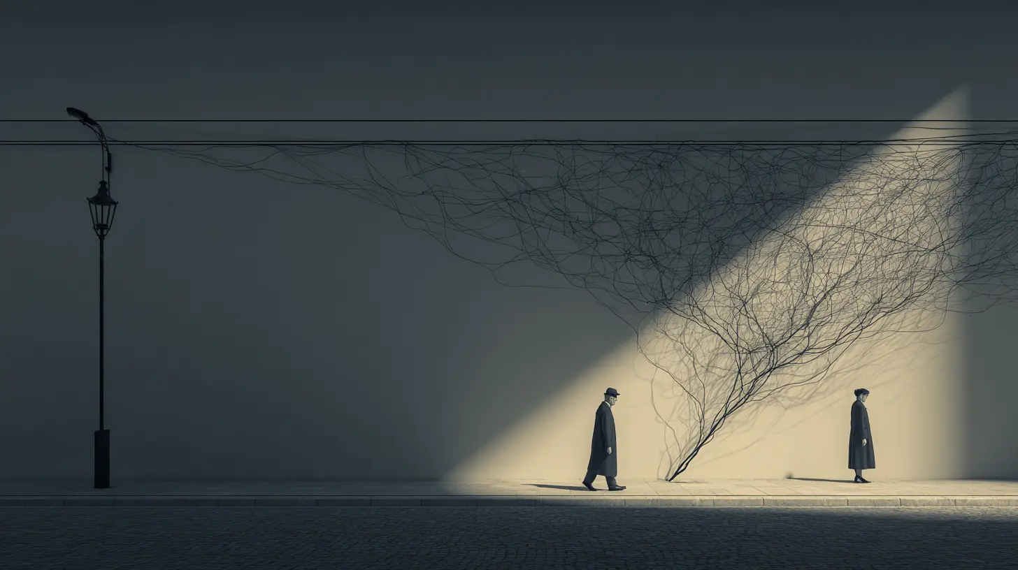 A surreal scene in a dim street where a man walks toward a standing woman who faces away. Tangled black lines run across the wall between them, symbolizing an unreachable emotional distance.