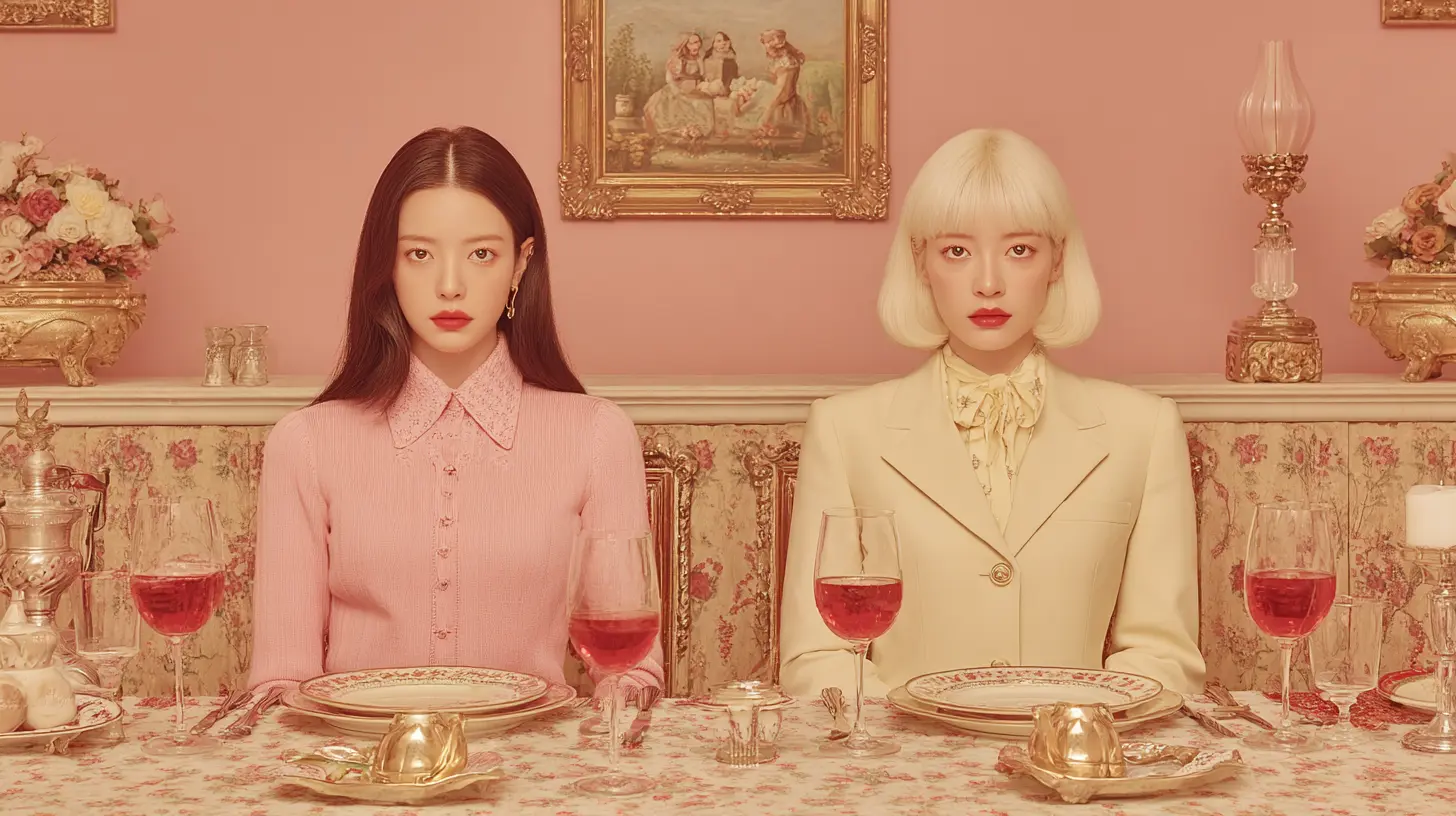 Eun-su and Hee-su sit face to face at a pink-hued dinner table. Their calm posture and ornate setting hide a quiet tension — beauty masking the residue of violence.
