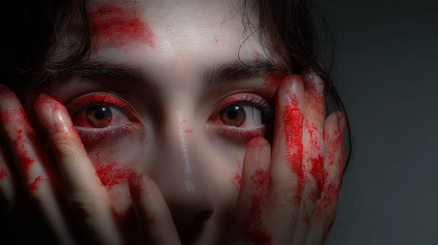 A close-up of wide-open eyes framed by red-stained hands — a moment between fear and awakening.