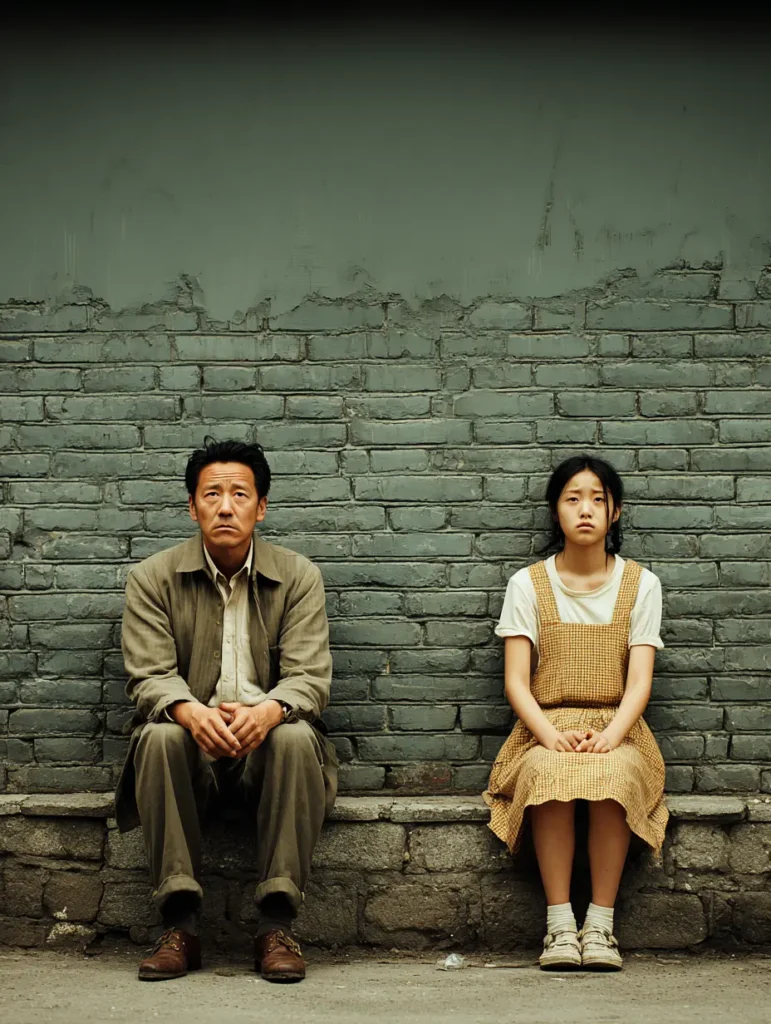 A father and daughter sitting against an old brick wall, facing different directions with emotional distance