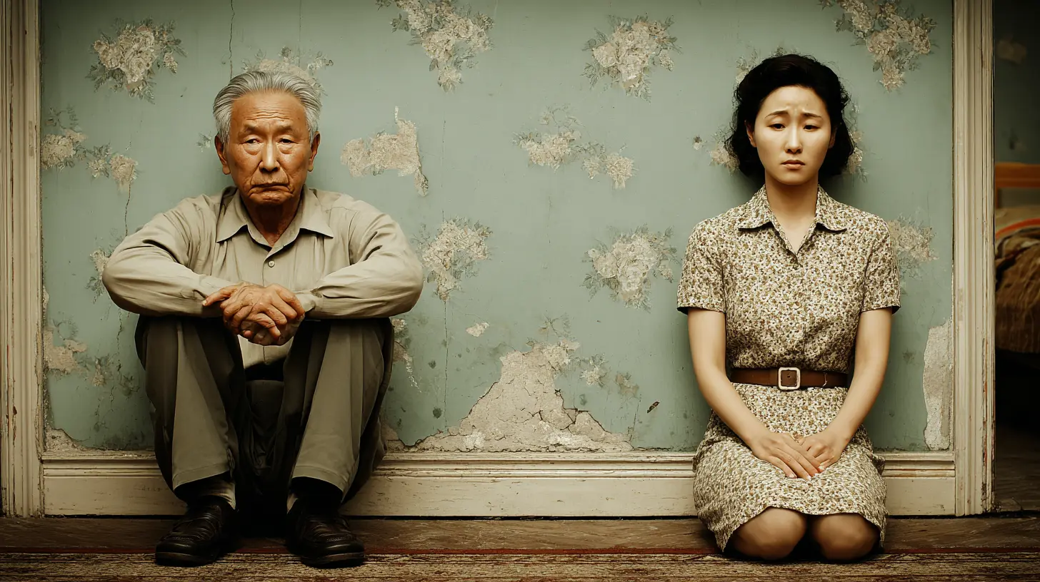 An elderly father and his middle-aged daughter sitting apart against an aged, peeling wall