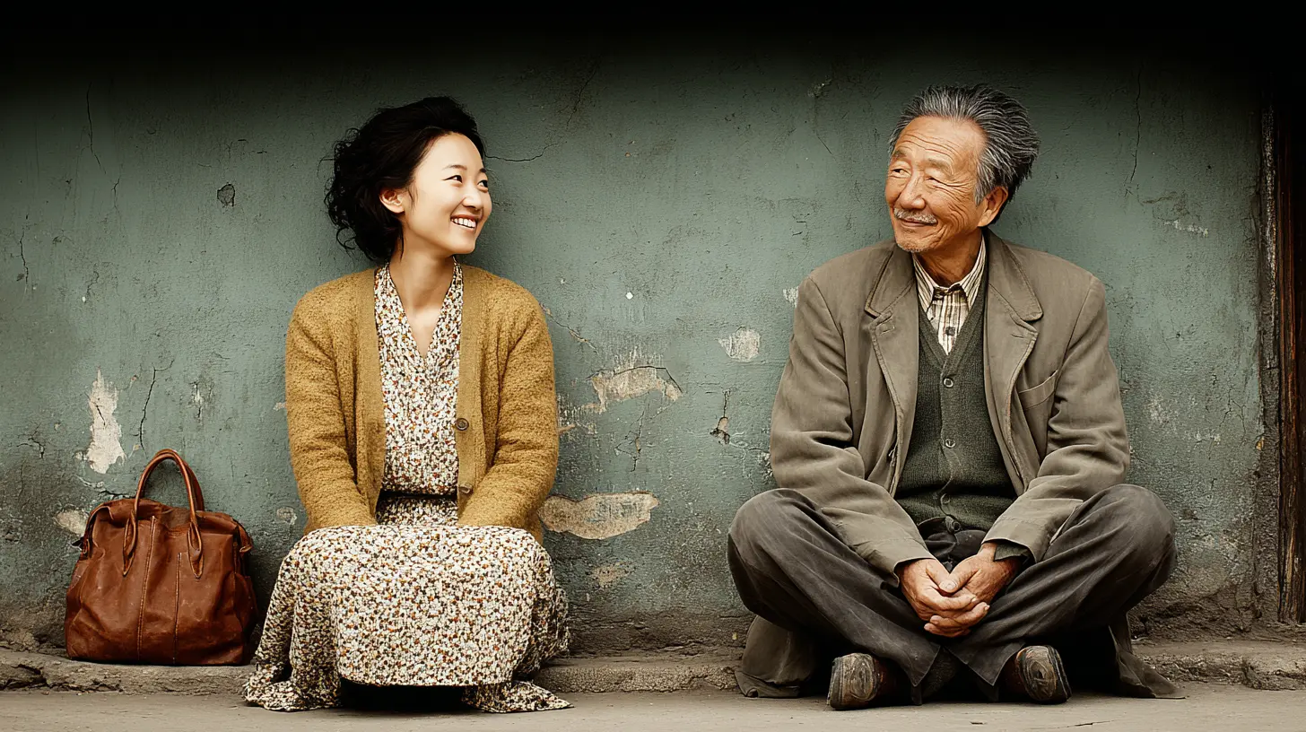 A warm moment of a father and daughter beginning to recognize their resemblance as they look at each other