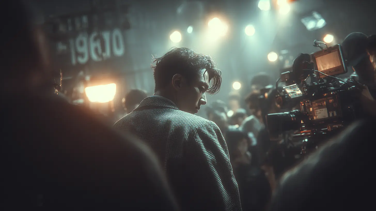 A rear portrait of an actor standing quietly on a busy film set