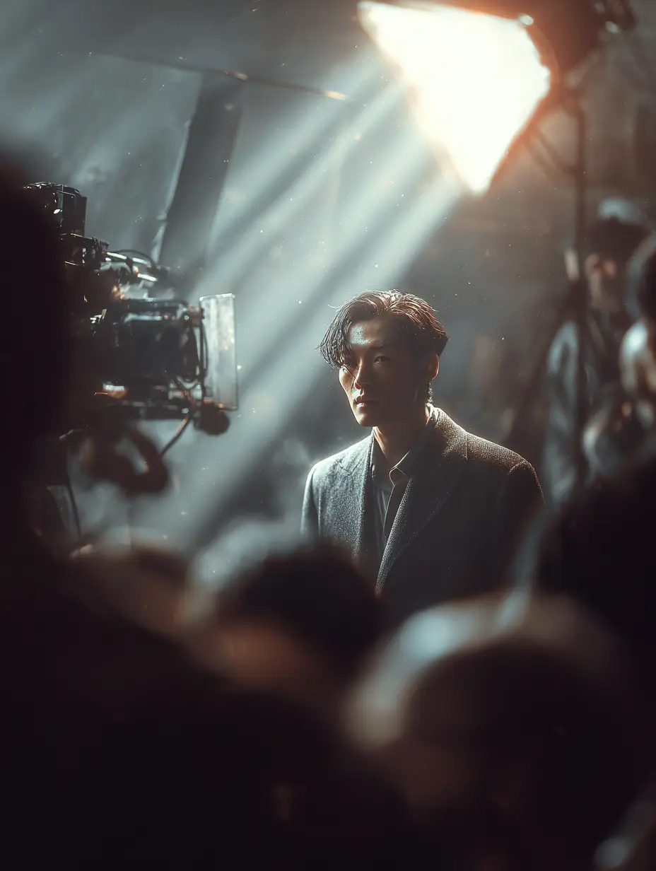 An actor standing quietly before a camera under strong studio lighting