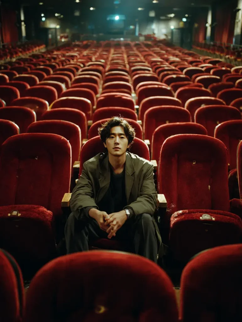 A man sitting alone among red theater seats in an empty cinema, radiating a quiet presence